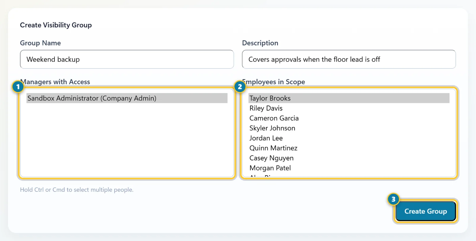 The Create Visibility Group form with Managers with Access (1), Employees in Scope (2) and Create Group (3) marked