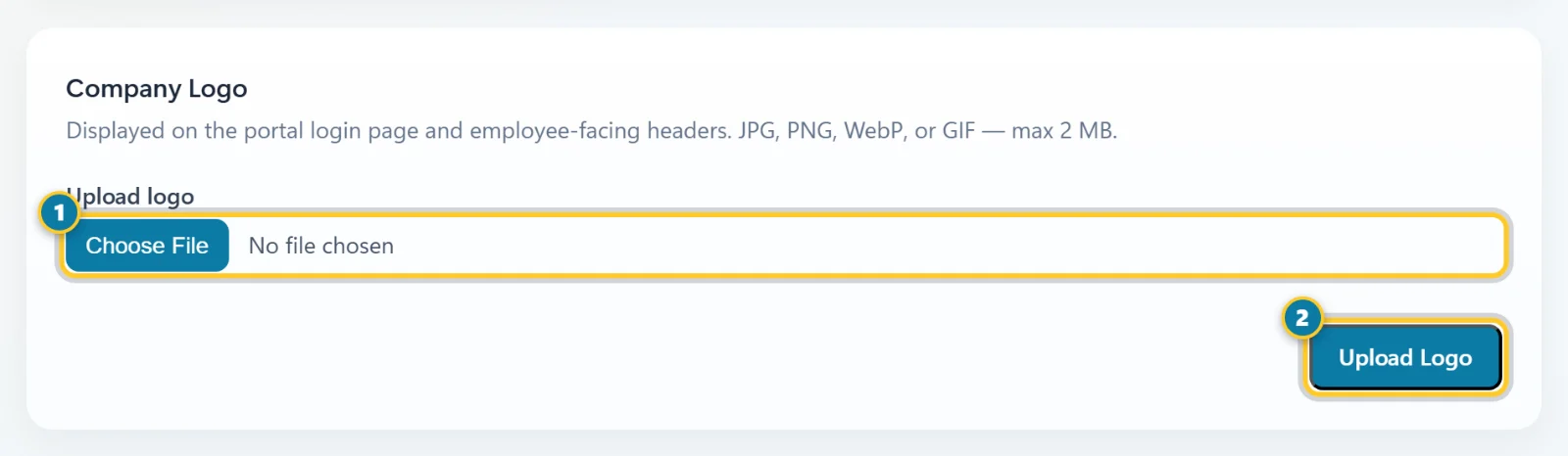 The Company Logo section with the file picker (1) and the Upload Logo button (2) marked