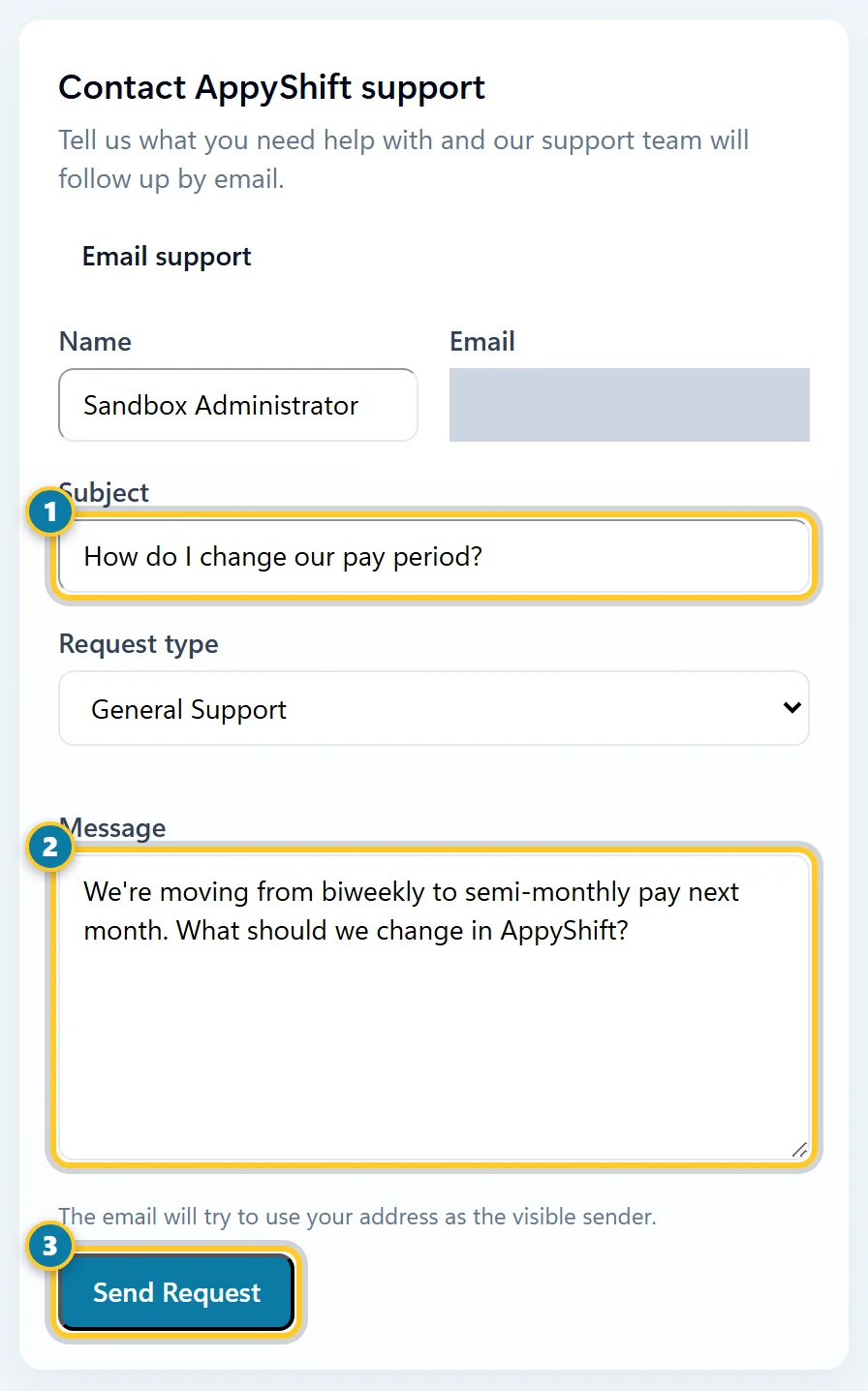 Contact AppyShift support with Subject (1), Message (2) and Send Request (3) marked