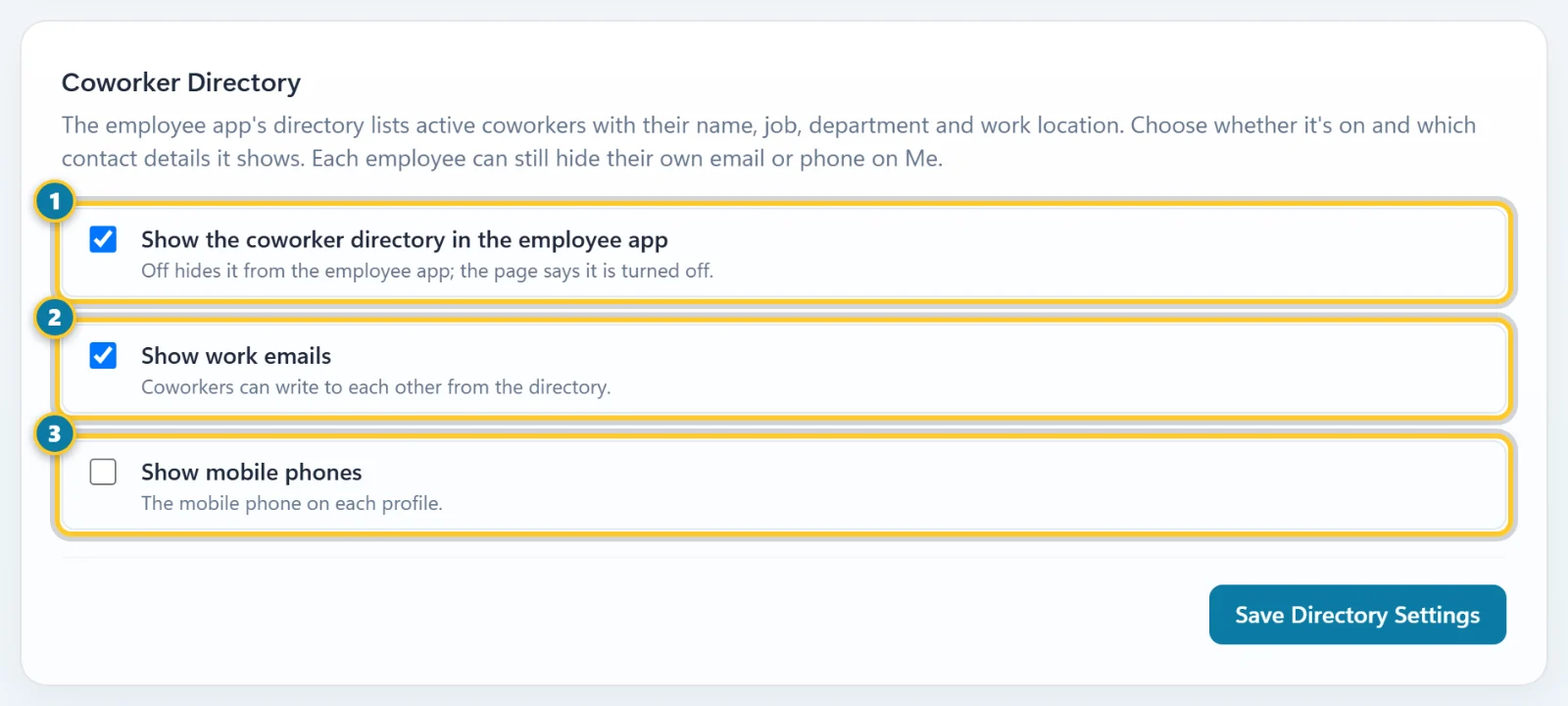 The Coworker Directory settings with the directory switch (1), Show work emails (2) and Show mobile phones (3) marked