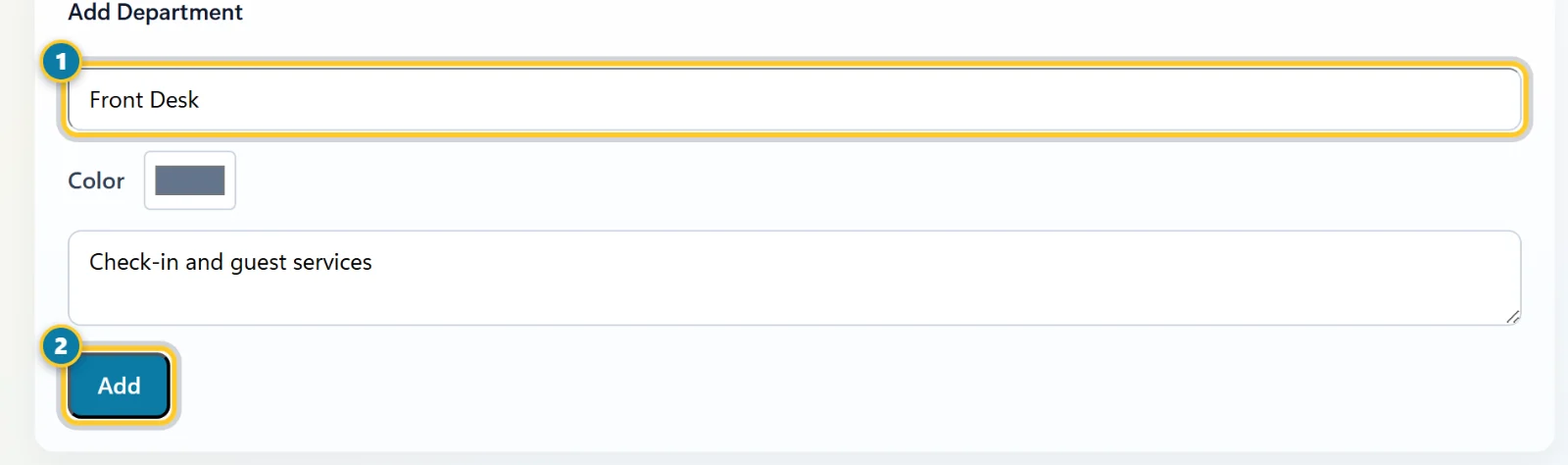 The Add Department form with the department name (1) and the Add button (2) marked