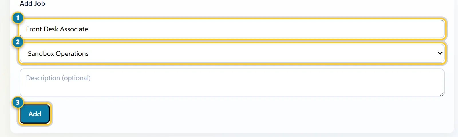 The Add Job form with the job title (1), the department list (2) and the Add button (3) marked