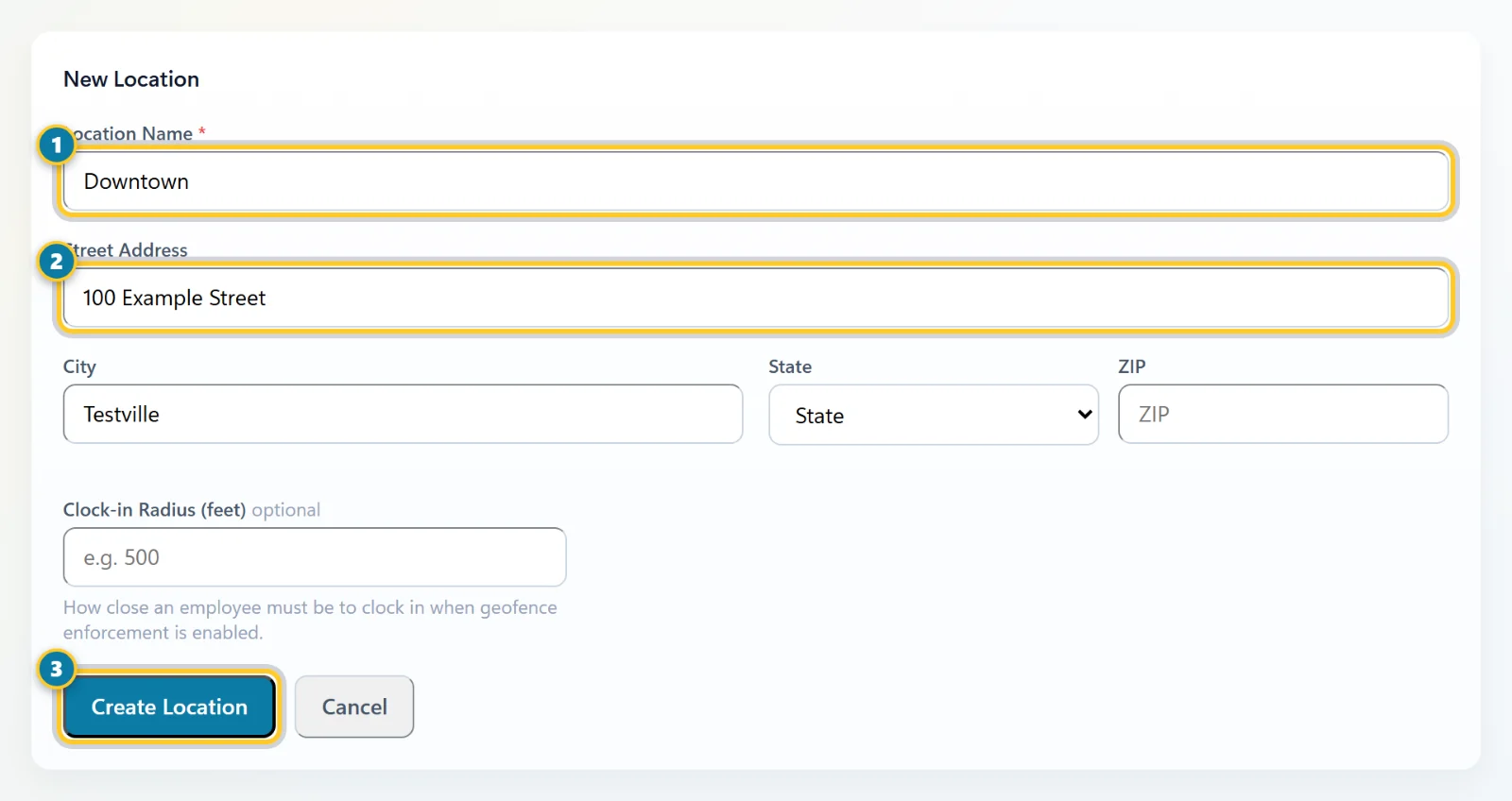 The New Location form with Location Name (1), Street Address (2) and Create Location (3) marked