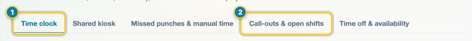 Employee request settings tabs with Time clock (1) and Call-outs and open shifts (2) marked