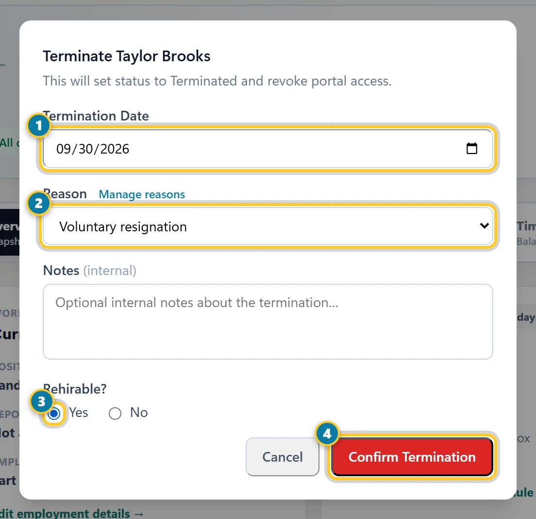 The Terminate window with Termination Date (1), Reason (2), Rehirable Yes (3) and Confirm Termination (4) marked