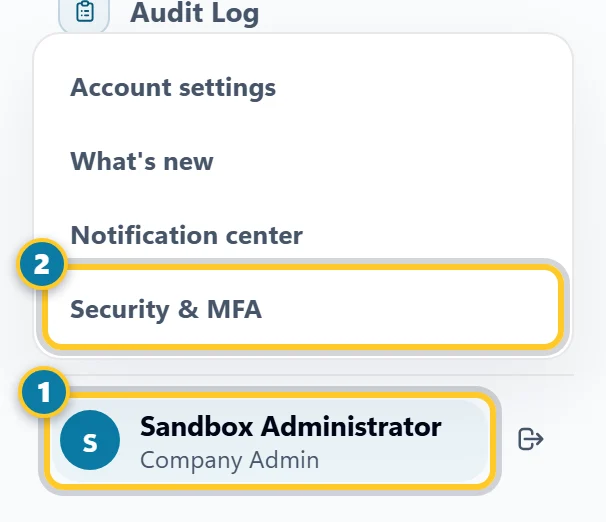 The account menu opened from your name (1), with Security & MFA marked (2)