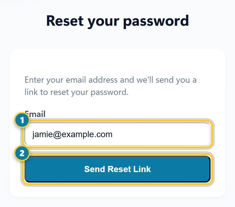 The Reset your password page with the email box and the Send Reset Link button marked