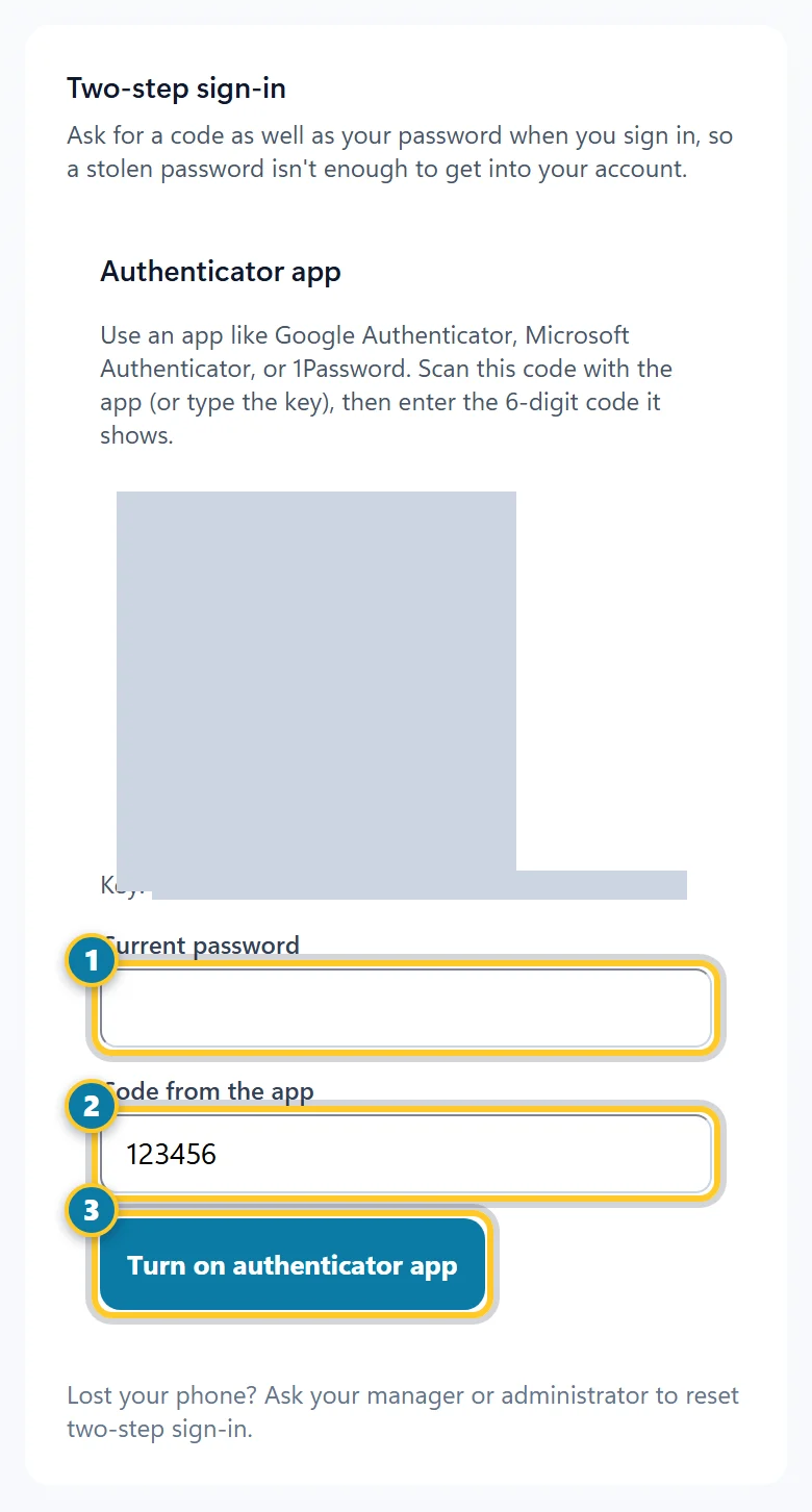 The Two-step sign-in section with the scan code hidden, and the password box, code box and Turn on authenticator app button marked