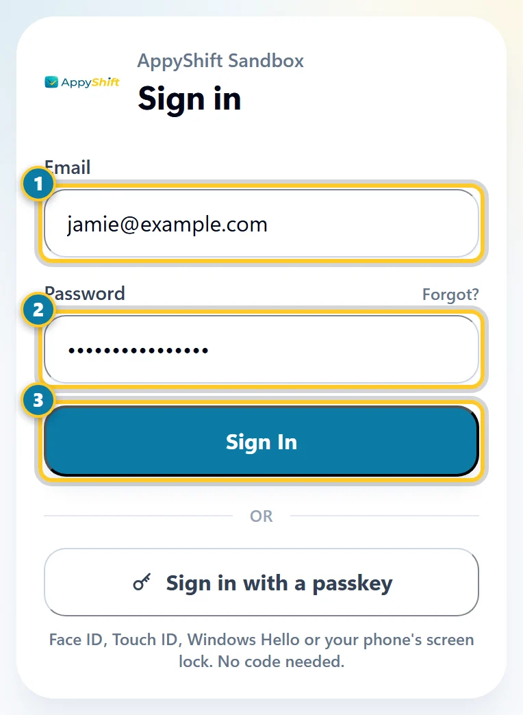 The Sign in page with the Email and Password boxes and the Sign In button marked