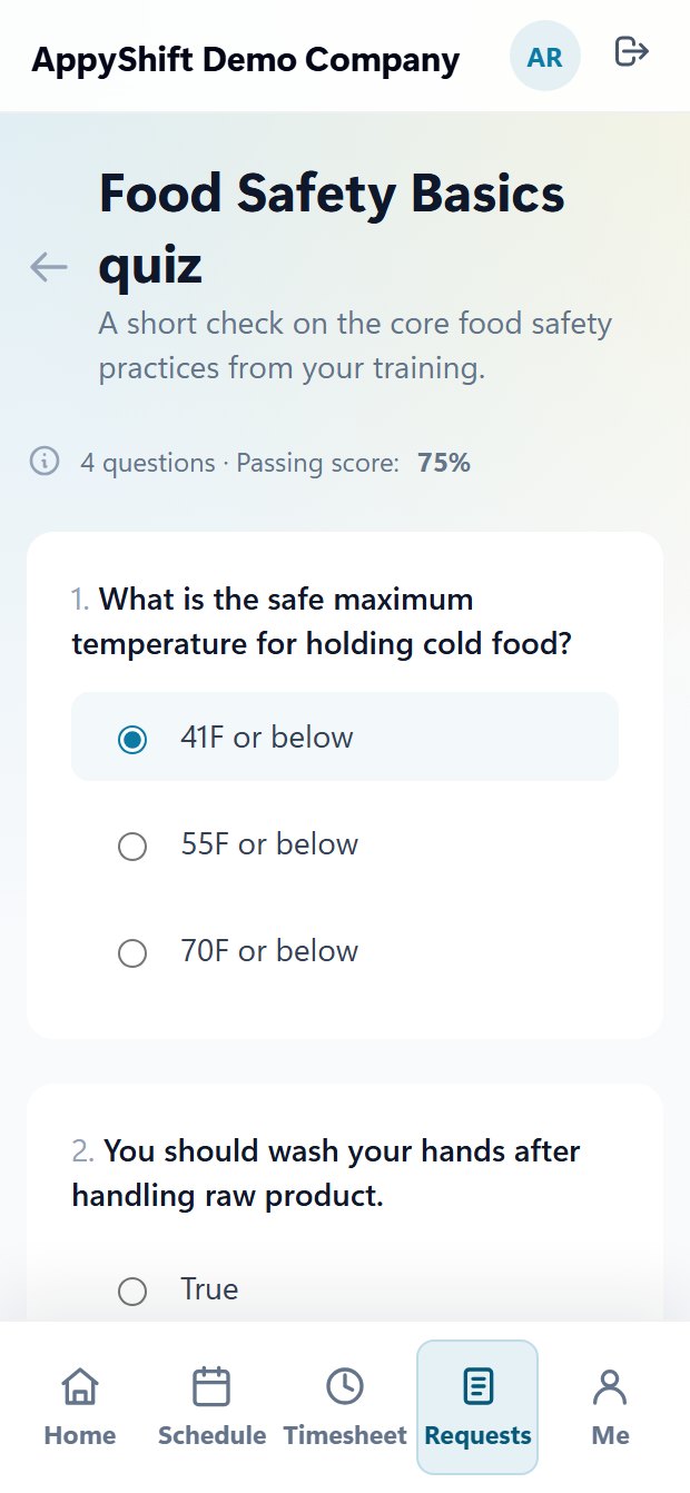 A new hire taking a food safety quiz with a 75% passing score in the AppyShift app