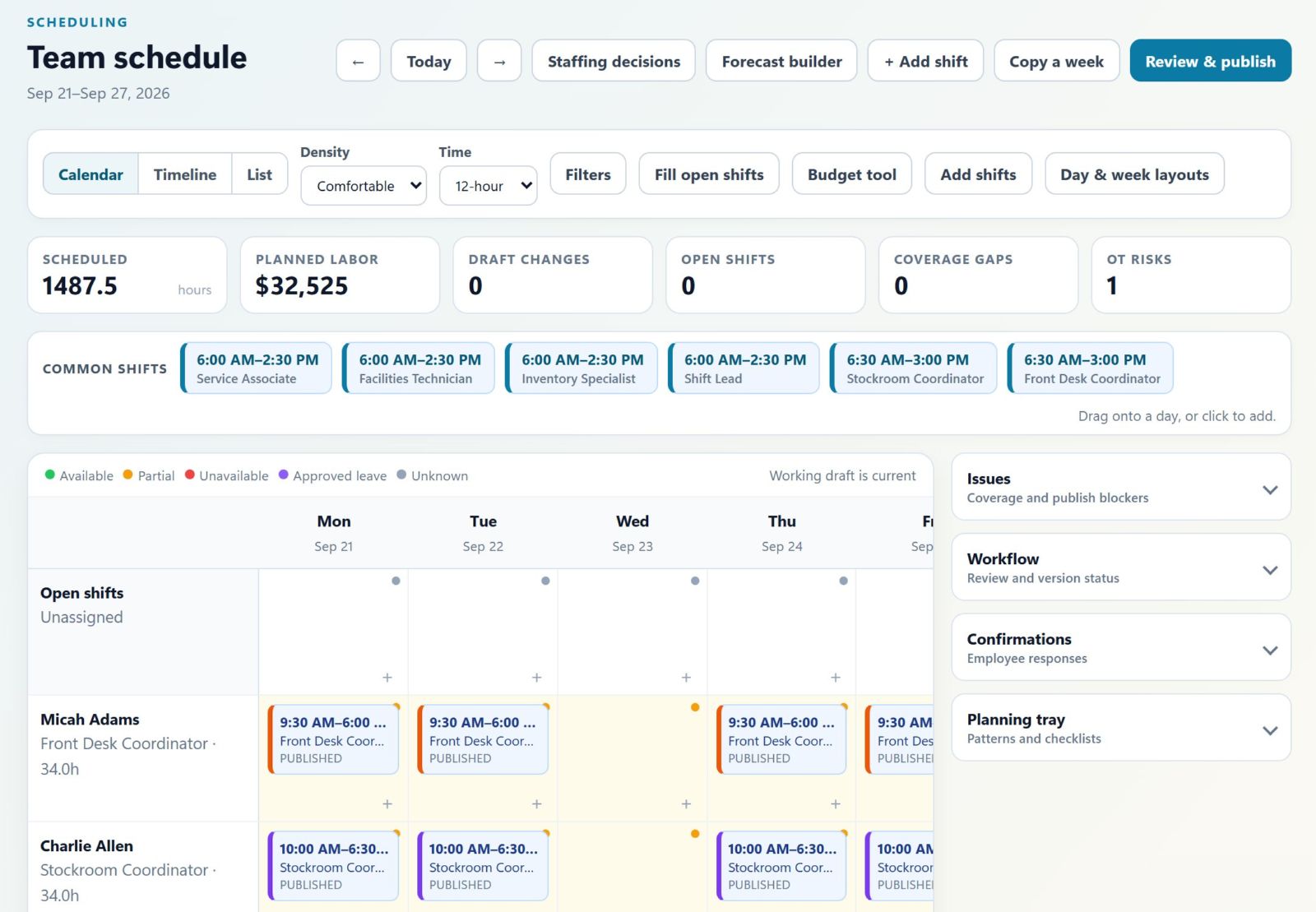 AppyShift team schedule with planned hours and overtime indicators