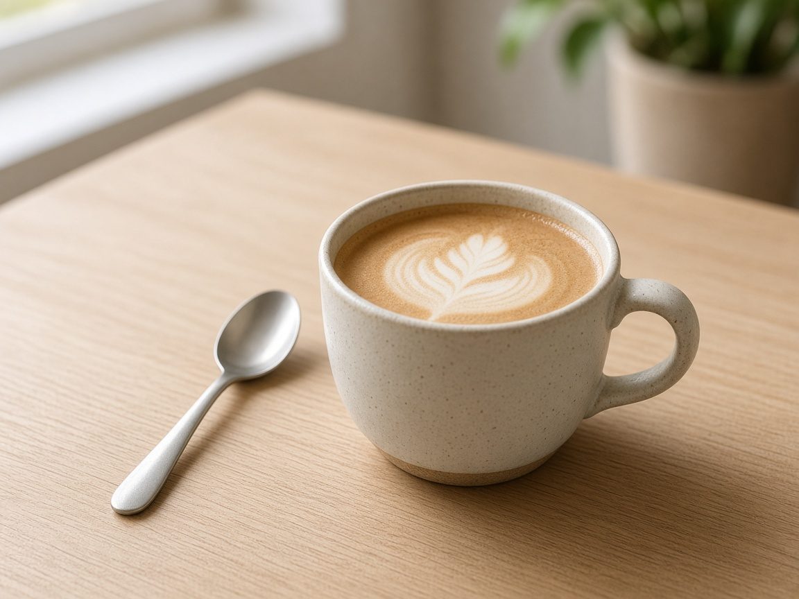 A cup of coffee on a wooden table. No people.