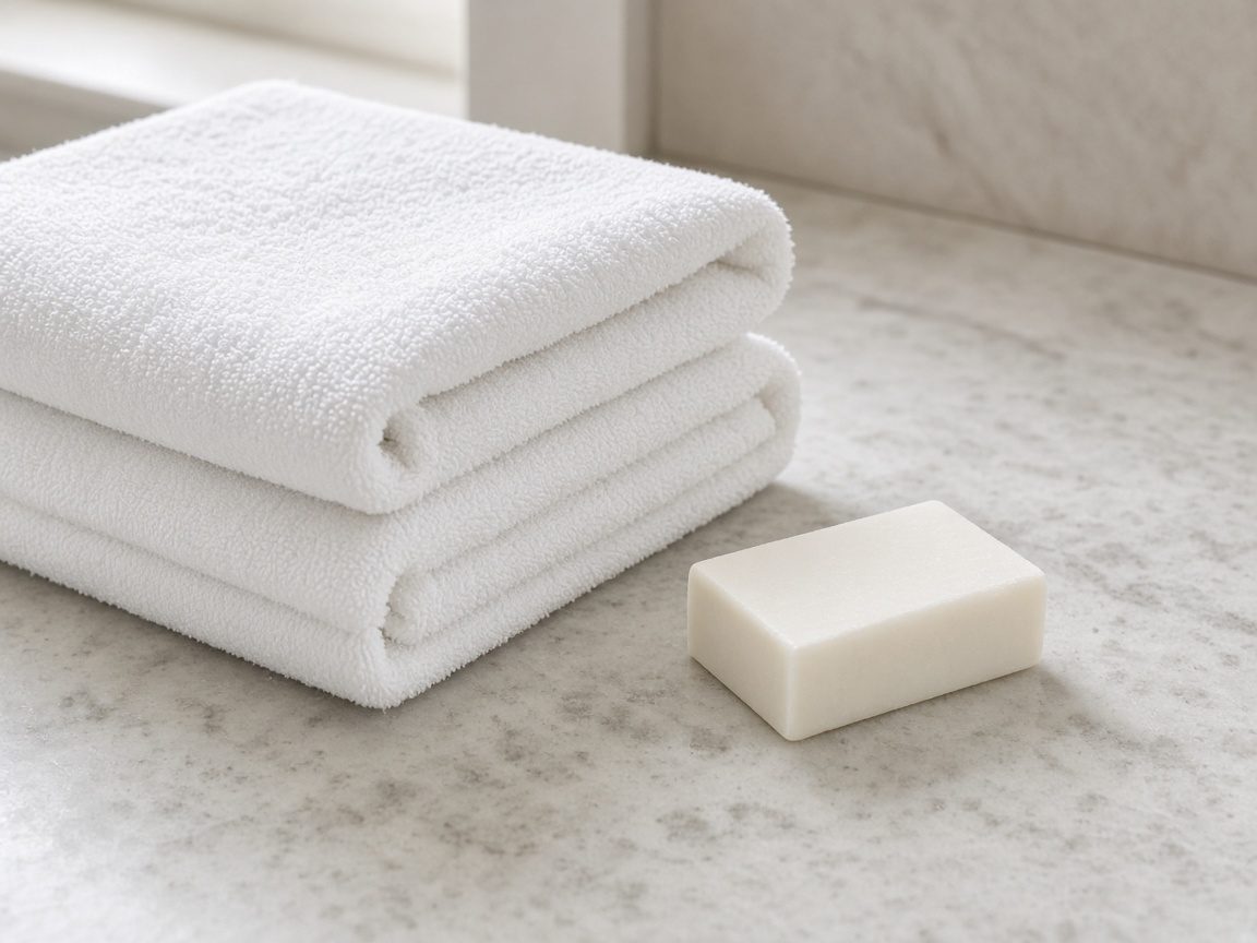 Folded white towels and a bar of soap. No people.