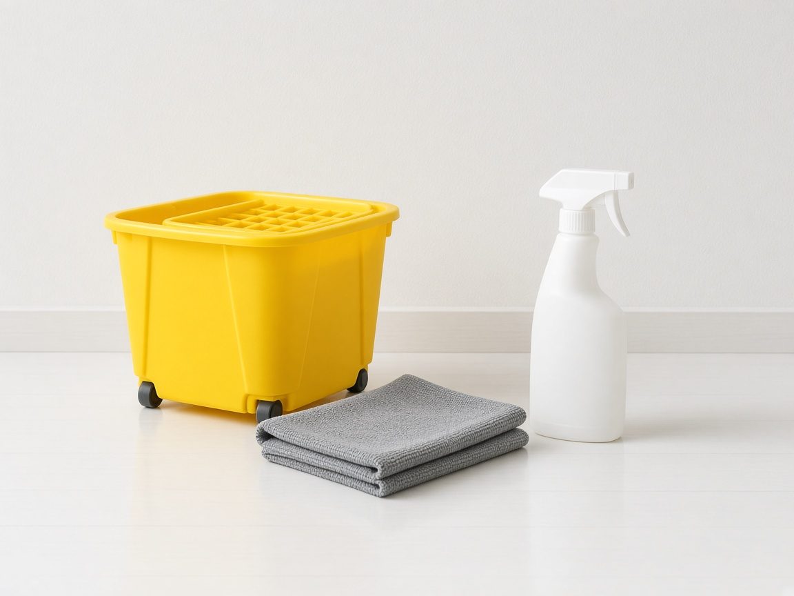 A mop bucket, a folded cloth, and an unlabeled spray bottle. No people.