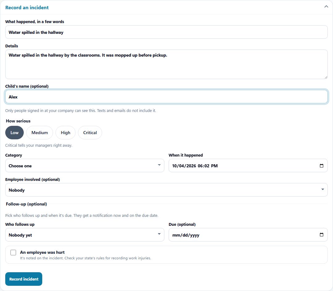 Incident form for a sample child care center, with the child's name Alex and a hallway spill.