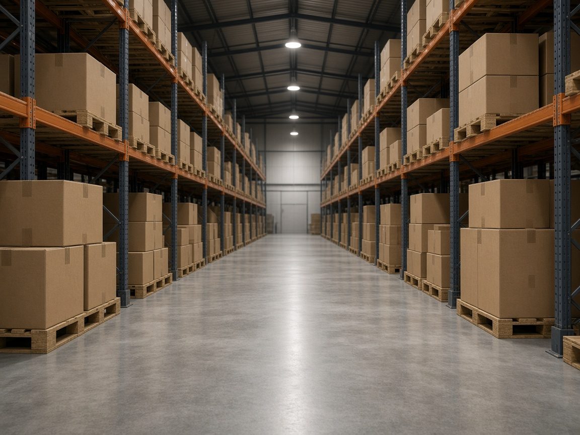 An empty warehouse aisle with plain boxes. No people or brand names.
