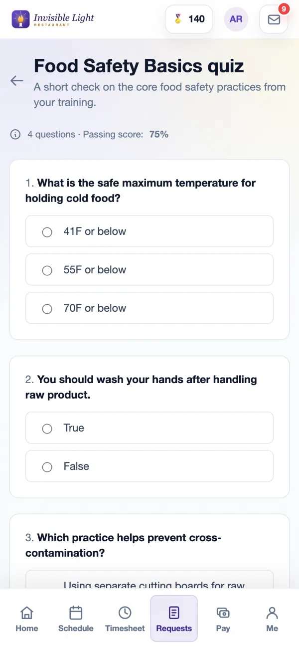 The Food Safety Basics quiz in the AppyShift app: four questions with a 75% passing score