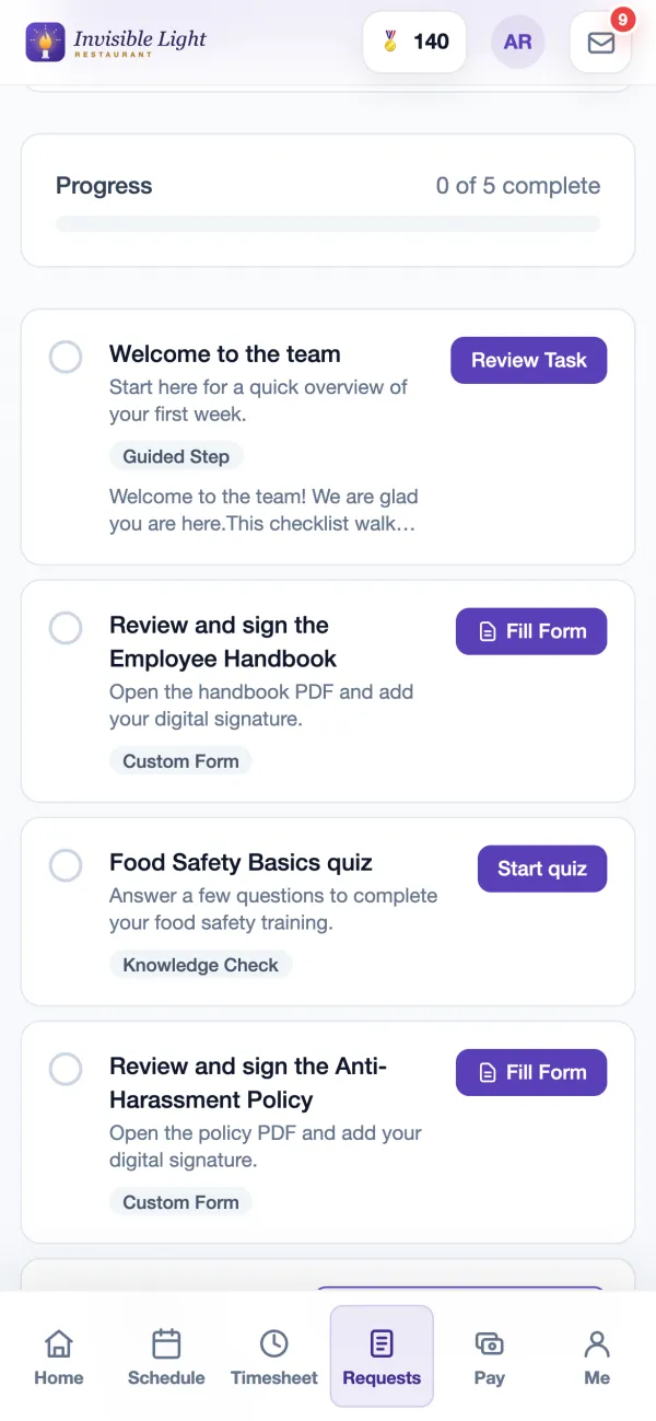 To Do in the AppyShift app with onboarding progress and tasks: Welcome to the team, Review and sign the Employee Handbook, Food Safety Basics quiz