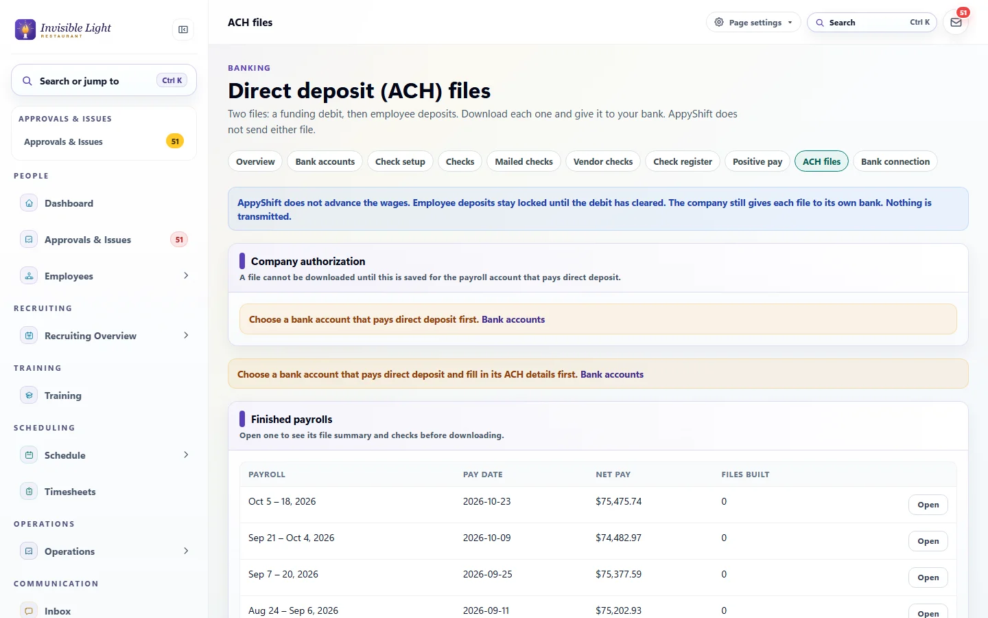 Direct deposit files in AppyShift: a funding debit, then employee deposits, the company authorization that waits for the payroll bank account, and the finished payrolls, each with its files