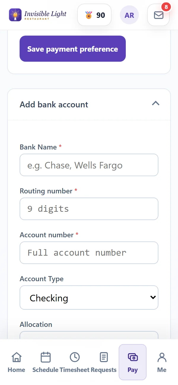 Direct deposit in the AppyShift app: the form to add a bank account with the bank name, routing and account numbers and the account type