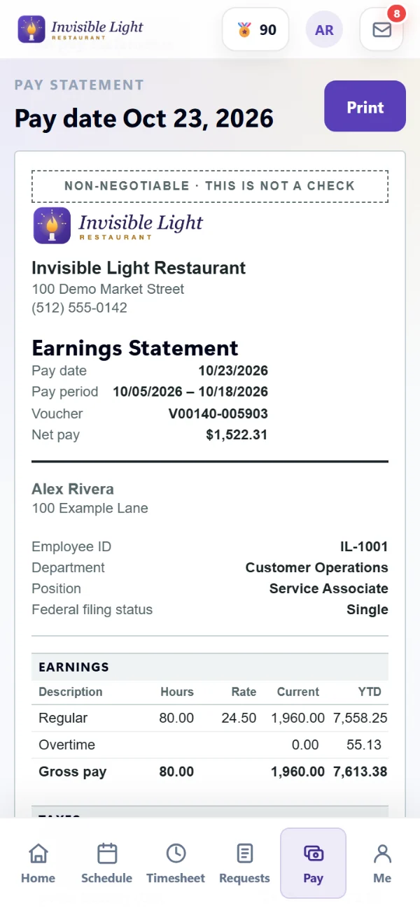 A pay statement open in the AppyShift app: the earnings statement with pay date, pay period, voucher and net pay, and the earnings with year-to-date totals, with a Print button