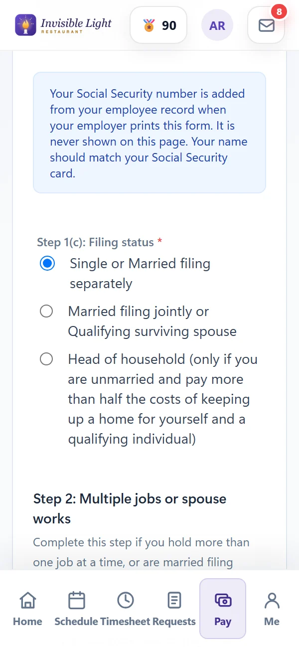 The federal Form W-4 in the AppyShift app: the note that the Social Security number is never shown on the page, the filing status choices and Step 2 for multiple jobs