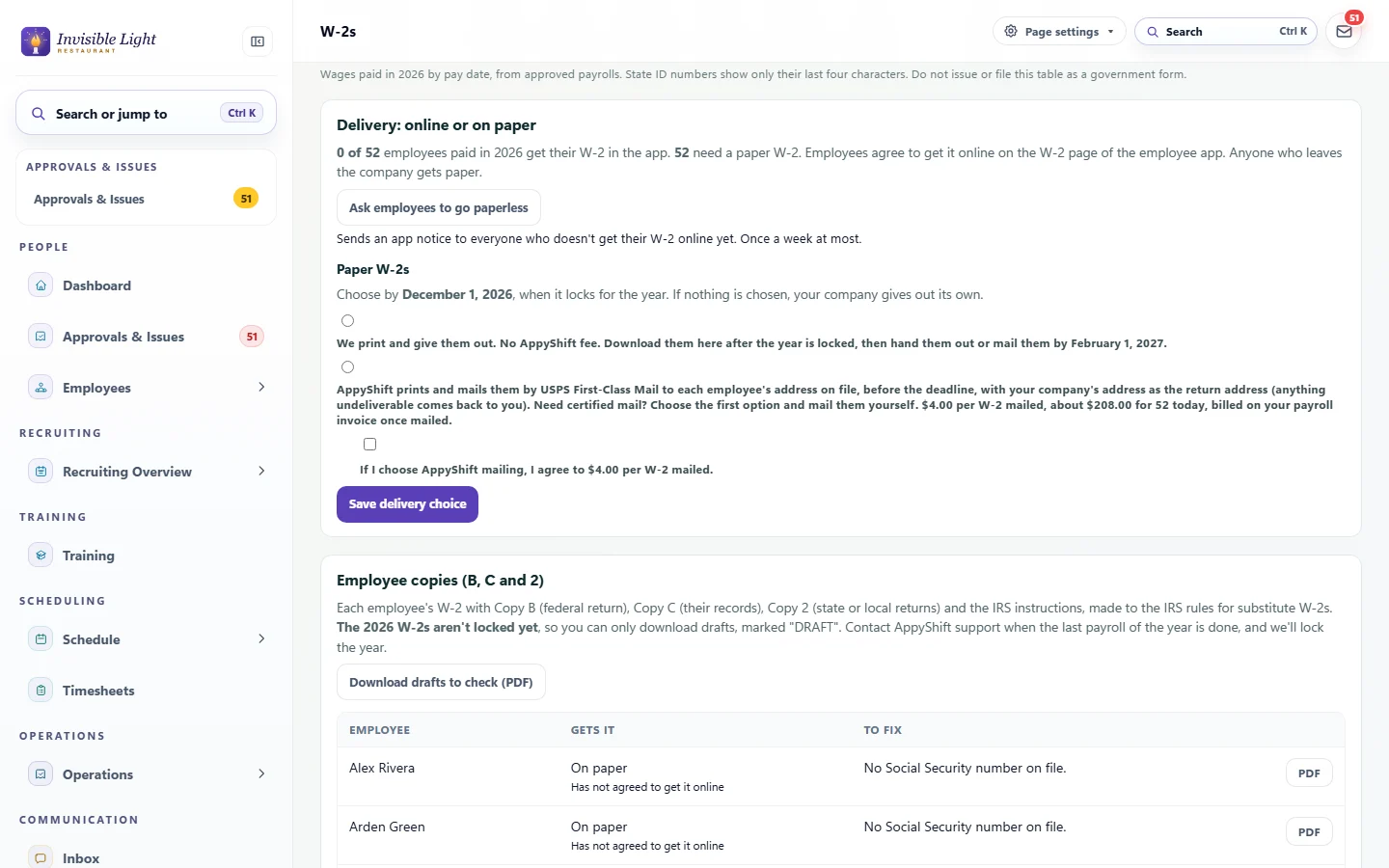 W-2 delivery in AppyShift: how many employees get their W-2 in the app, a button to ask the rest to go paperless, and the choice to print paper W-2s yourself or have AppyShift mail them for $4 each