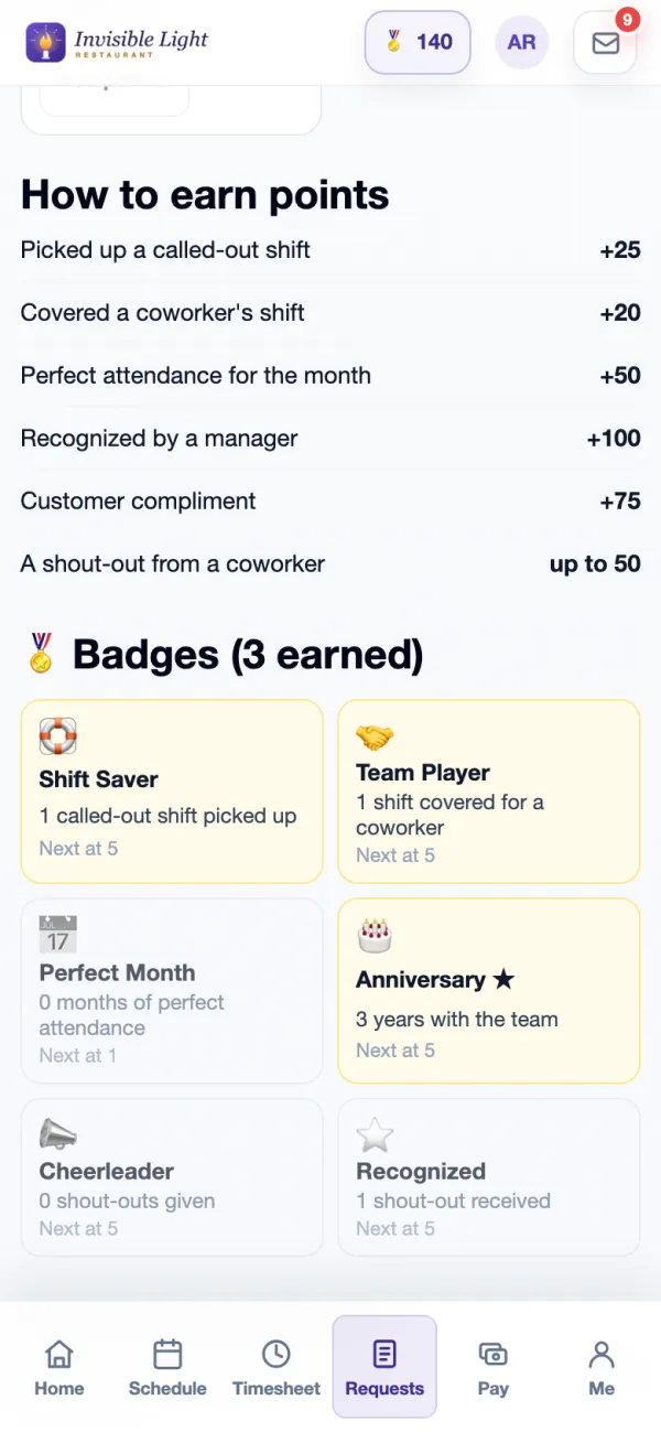 How to earn points and badges in the AppyShift app: Shift Saver, Team Player and Anniversary earned, with Perfect Month, Cheerleader and Recognized still to go