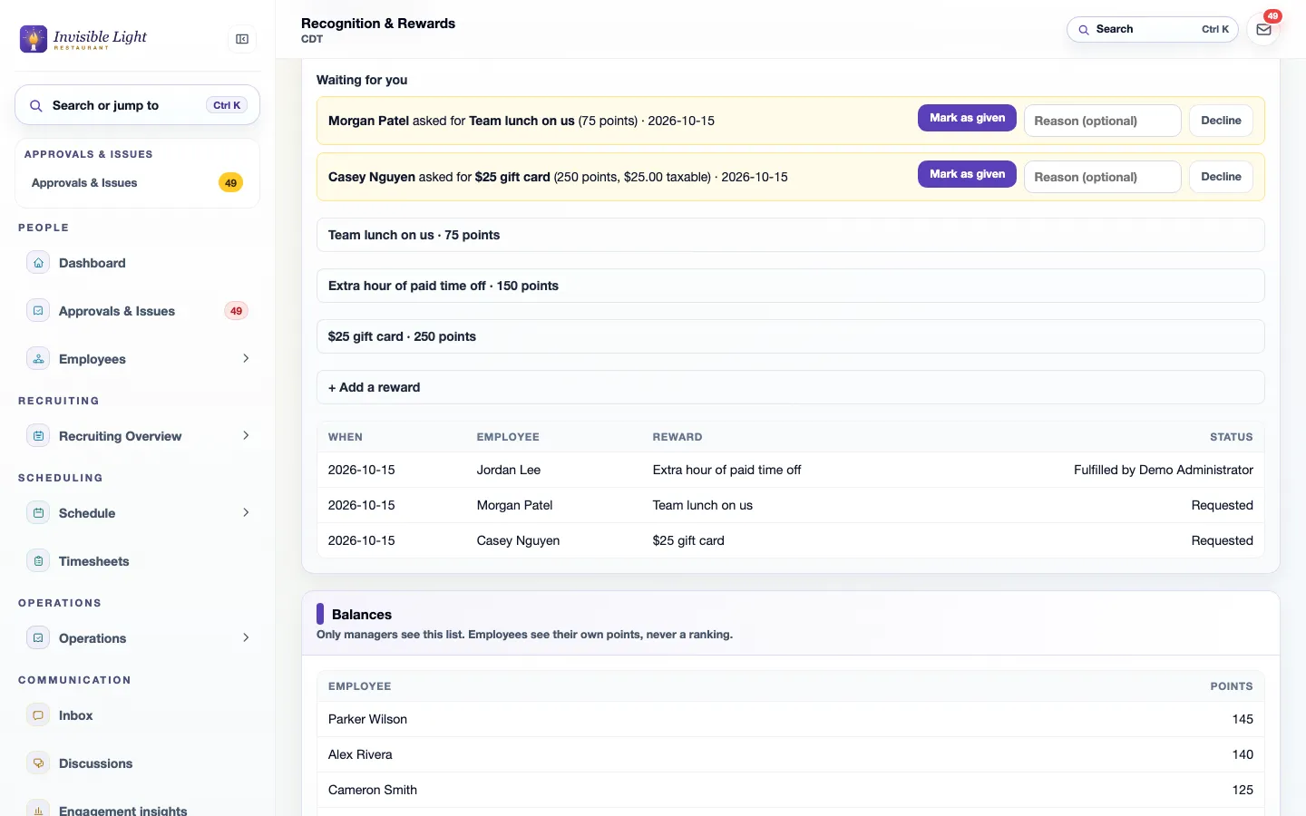 Reward requests waiting for a manager, each with Mark as given and Decline, the rewards list with point prices, and the history of fulfilled requests