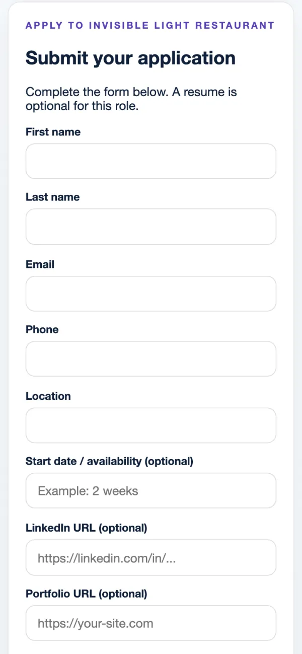 The Submit your application form on a phone with name, email, phone, location and availability fields, and a note that a resume is optional