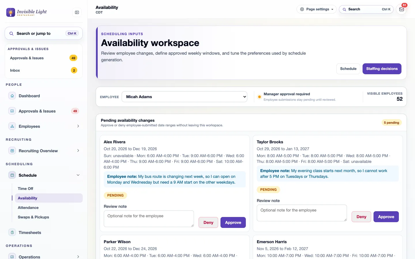 The availability workspace with pending availability changes, each employee's note and Approve and Deny buttons