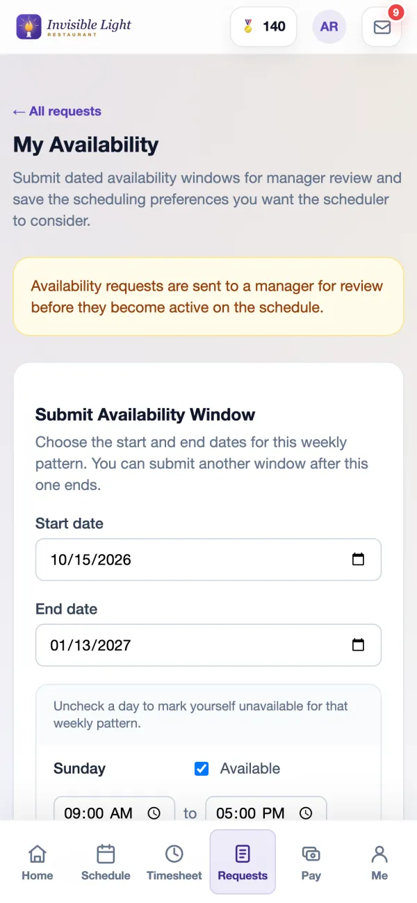 My Availability in the AppyShift app: submit an availability window with start and end dates and each day's hours