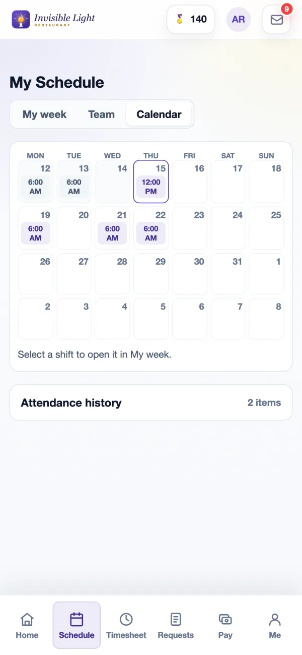 The four-week calendar in the AppyShift app with today outlined