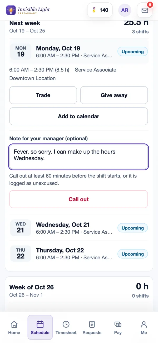 A shift opened in the AppyShift app with Trade, Give away, Add to calendar, a note for the manager and the Call out button