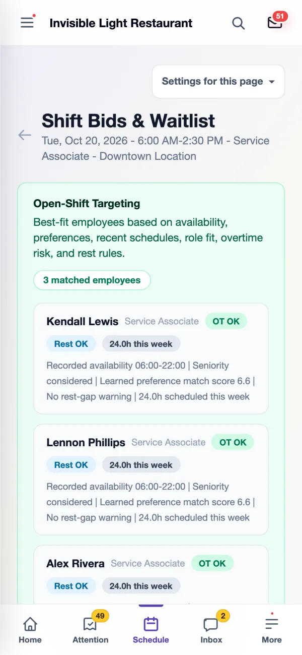 Shift Bids & Waitlist on a manager's phone with Open-Shift Targeting and matched employees