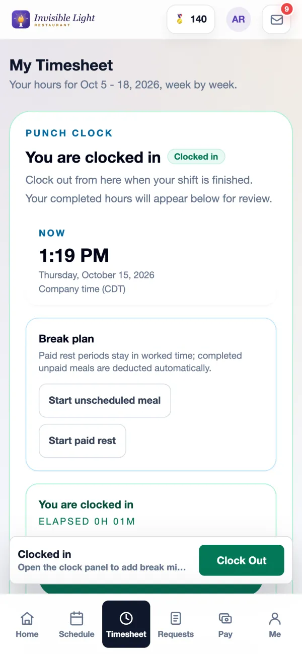 The punch clock in the AppyShift app showing You are clocked in, the break plan and Clock Out