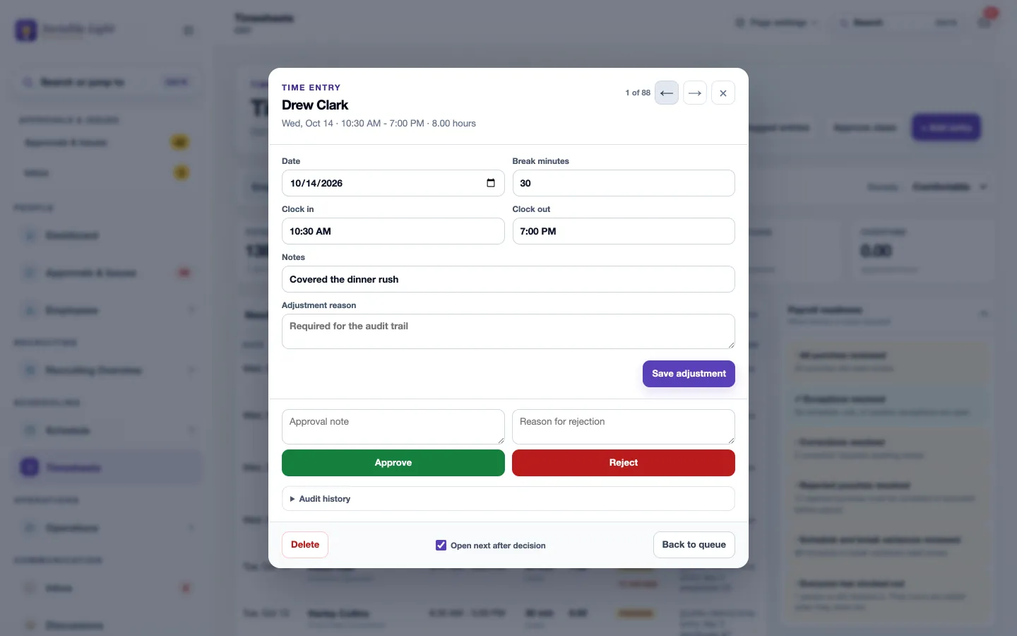 A time entry opened for review with date, break minutes, clock in and clock out, notes, an adjustment reason, and Approve and Reject buttons