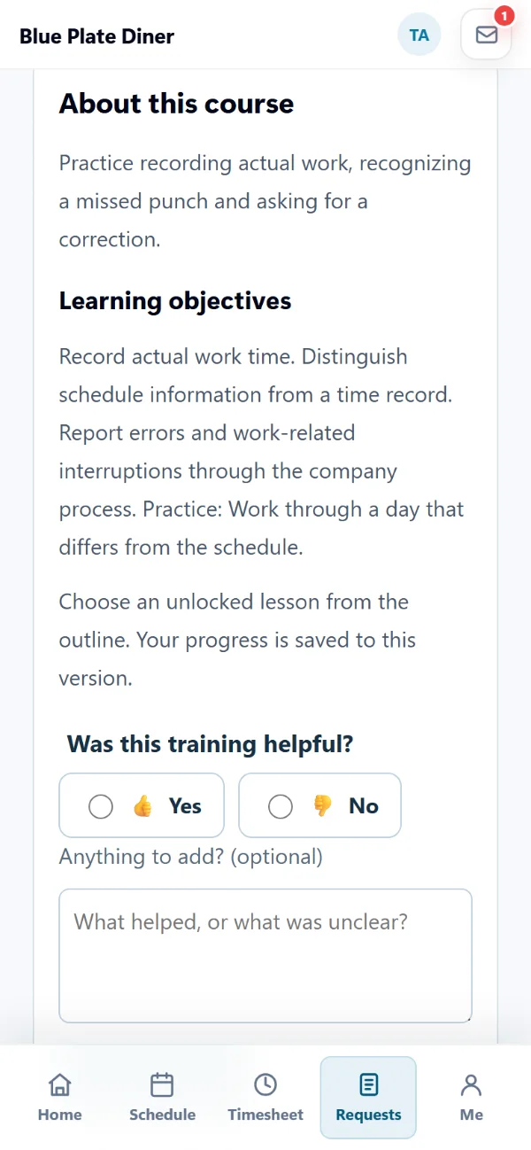 A finished course in the AppyShift app asking Was this training helpful? with Yes and No and a box for a comment