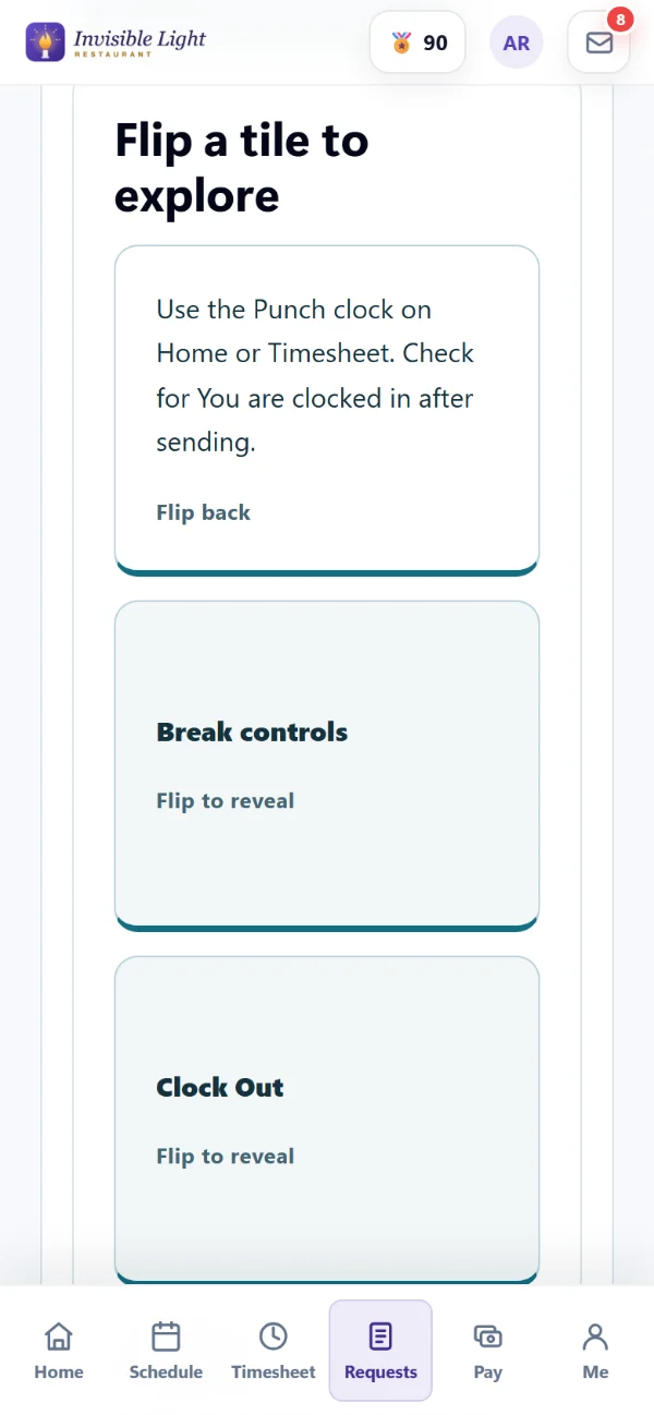 Flip a tile to explore in a lesson in the AppyShift app, with the Clock In tile turned over to show how to use the punch clock