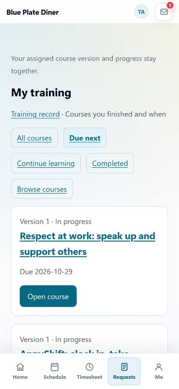 My training in the AppyShift app with the Due next list and the next course due, with Open course
