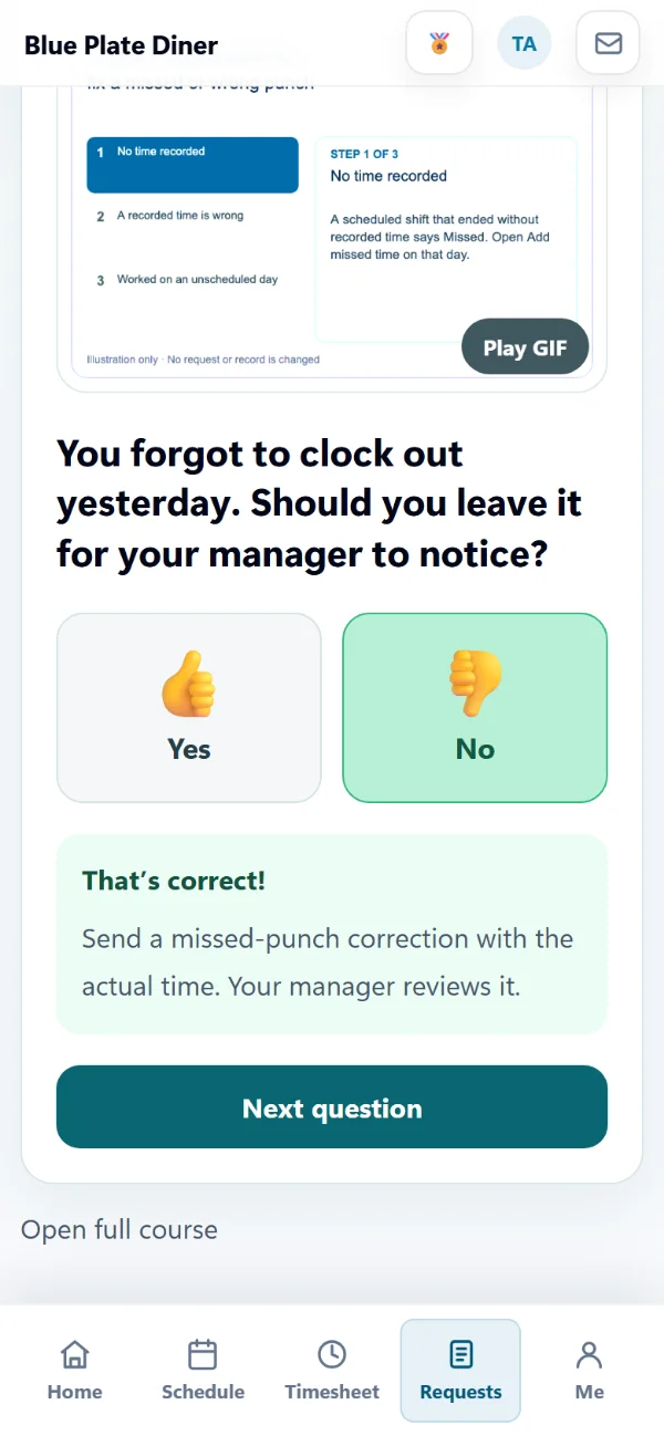 A quick check question in the AppyShift app with a short walkthrough GIF and big thumbs up and thumbs down answers, answered correctly, with feedback that explains why