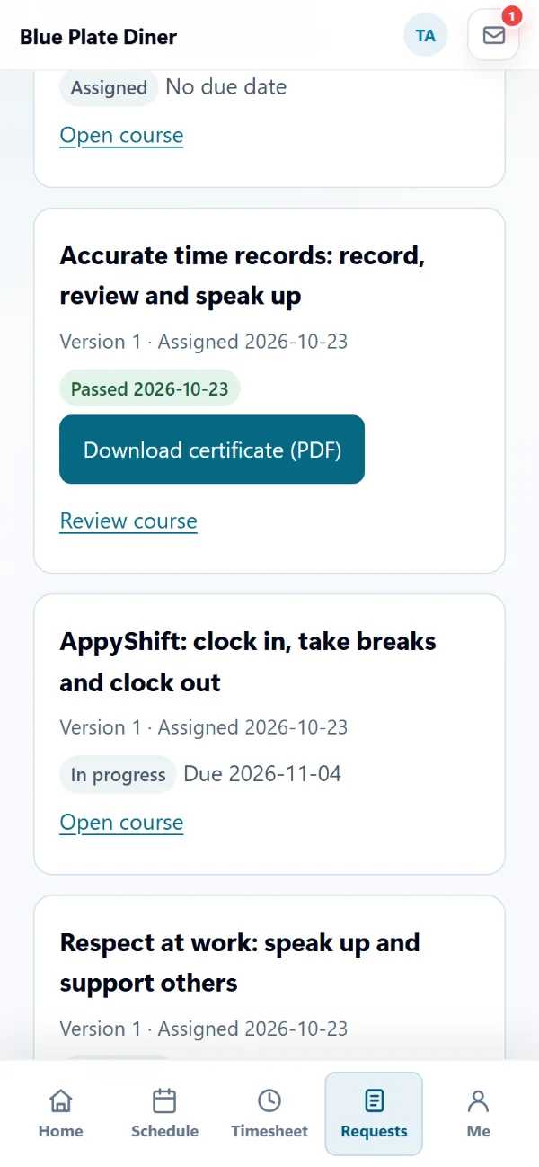 The training record in the AppyShift app with a passed course and its Download certificate (PDF) button, between courses assigned and in progress
