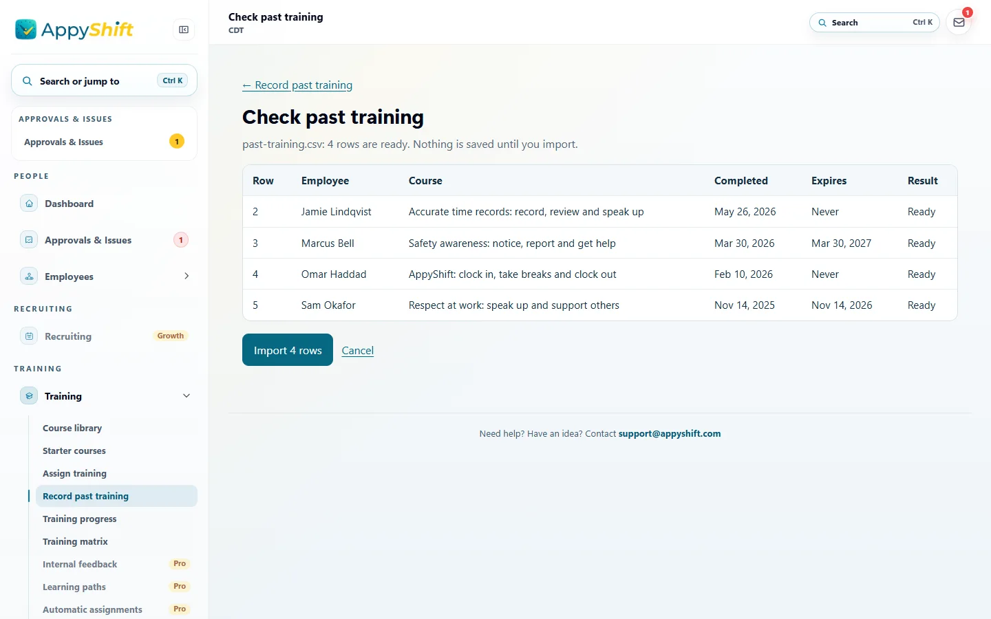 Check past training after a spreadsheet upload: four rows, each with the employee, course, completion date and expiry date or Never, all marked Ready, and an Import 4 rows button